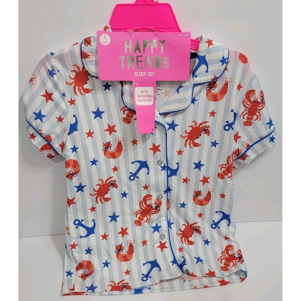 Nautical Lobster Crab Striped Girls Sleep Pjs Shorts 2 PC Set Size Small 5/6